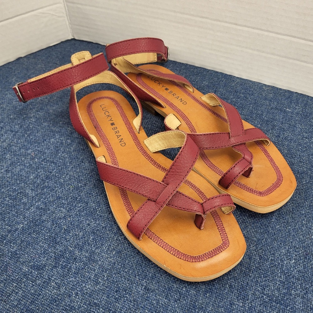 Lucky Brand Avola Burgundy Leather Strappy Toe Loop Ankle Strap Sandals 6.5M 37